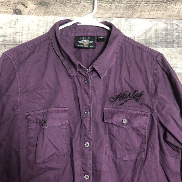 Harley Davidson Embroidered Shell Spell Out Long Sleeve Button Up Purple Large - Picture 2 of 8